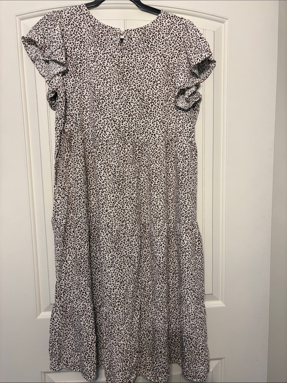 Brown and Cream Leopard Print Midi Dress with Short Sleeves - Picture 4 of 6